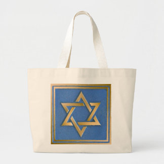 Gold Blue Star of David Art Panel Large Tote Bag