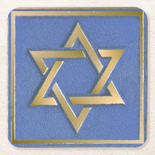 Gold Blue Star of David Art Panel Square Paper Coaster