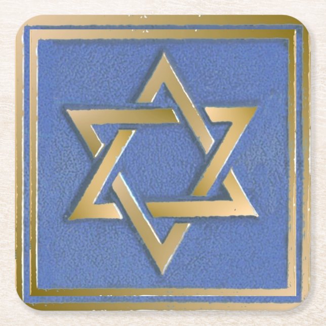 Gold Blue Star of David Art Panel Square Paper Coaster (Front)