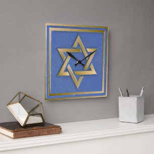 Gold Blue Star of David Art Panel  Square Wall Clock
