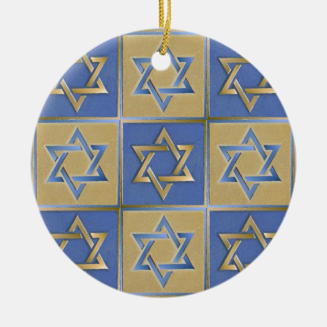 Gold Blue Star of David Art Panels Ceramic Ornament (Front)