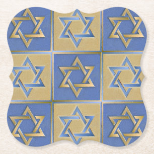 Gold Blue Star of David Art Panels Paper Coaster