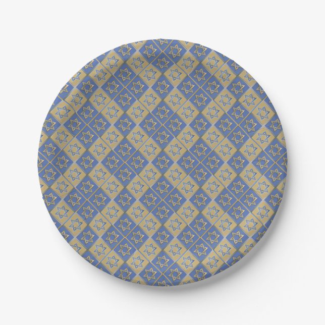 Gold Blue Star of David Art Panels Paper Plate (Front)