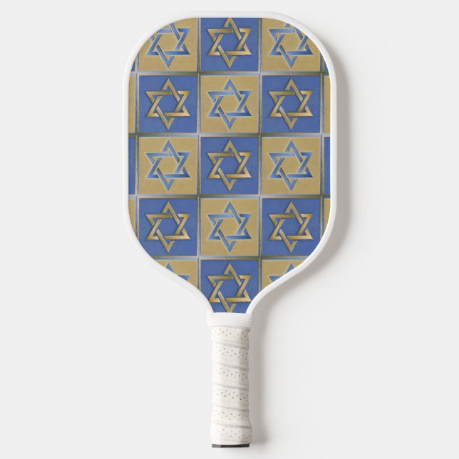Gold Blue Star of David Art Panels Pickleball Paddle (Front)