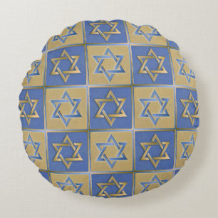 Gold Blue Star of David Art Panels Round Cushion