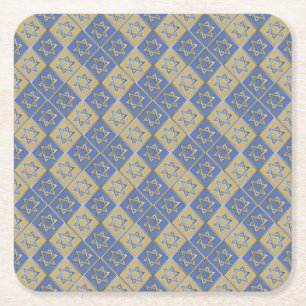 Gold Blue Star of David Art Panels Square Paper Coaster