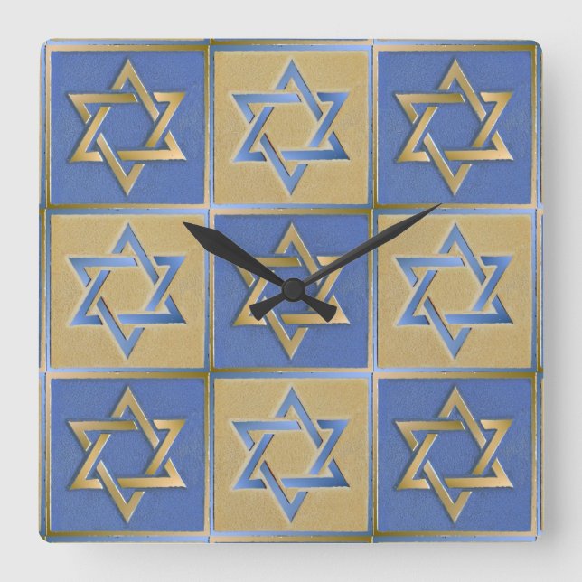 Gold Blue Star of David Art Panels Square Wall Clock (Front)