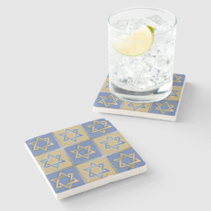 Gold Blue Star of David Art Panels Stone Coaster