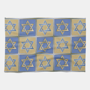 Gold Blue Star of David Art Panels Tea Towel
