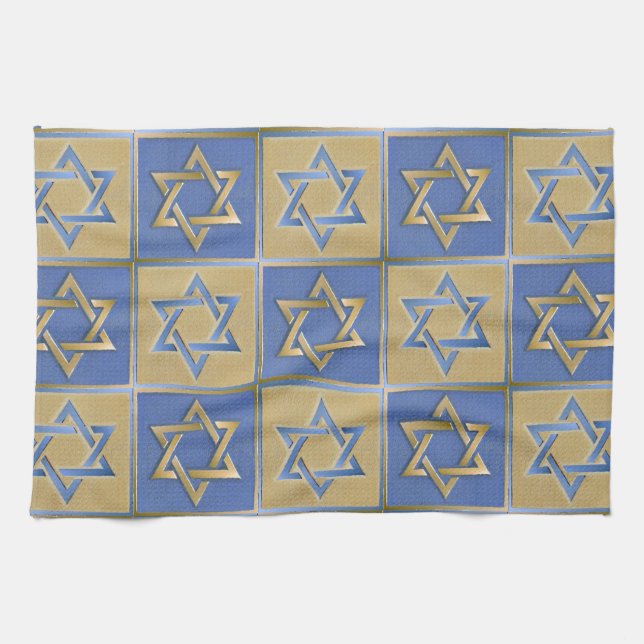 Gold Blue Star of David Art Panels Tea Towel (Horizontal)