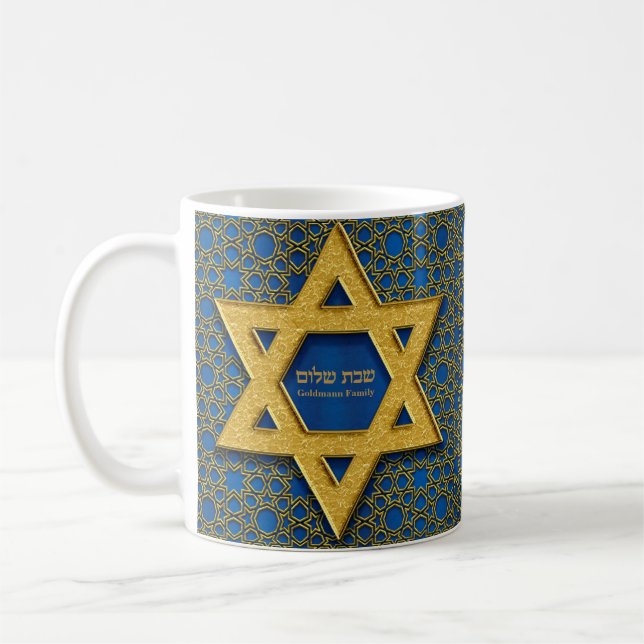 Gold Blue Star of David Hebrew Shabbat Shalom Coffee Mug (Left)