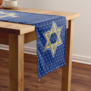 Gold Blue Star of David Lengthwise Navy Blue Extra Long Table Runner