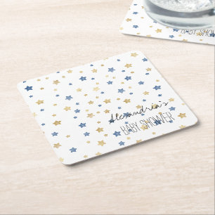 Gold Blue Starlight Stars Personalised Baby Shower Square Paper Coaster