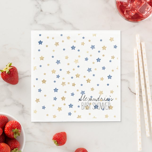 Gold Blue Starlight Stars Personalized Baby Shower Napkin (Insitu)