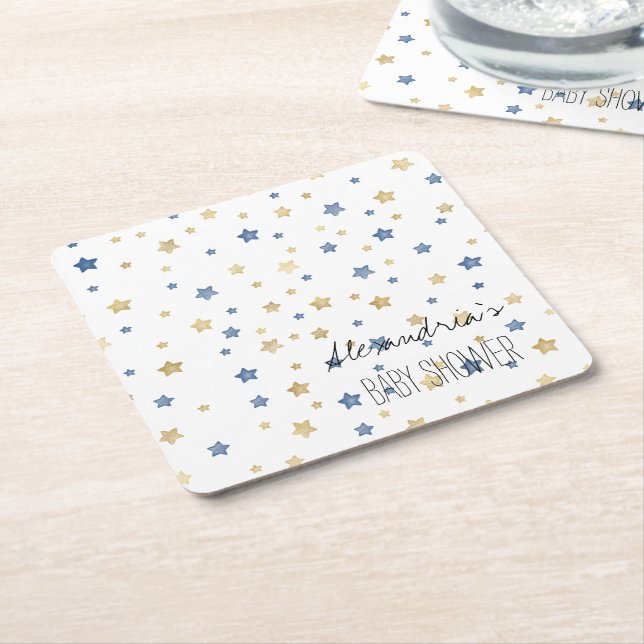 Gold Blue Starlight Stars Personalized Baby Shower Square Paper Coaster (Angled)