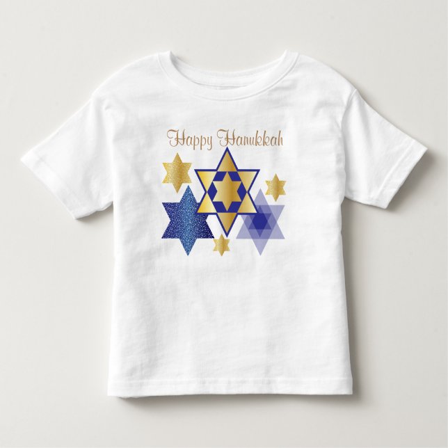Gold & Blue Stars of David Happy Hanukkah Toddler T-Shirt (Front)