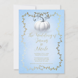 Gold Blue Storybook White Pumpkin Wedding Invitation