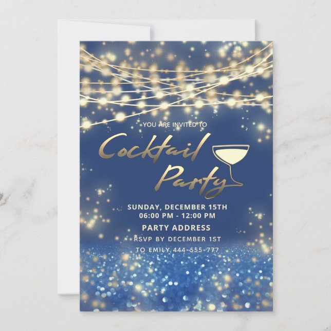 Gold blue string lights corporate Cocktail party Invitation (Front)