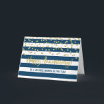 Gold Blue Stripes Employee Anniversary Card<br><div class="desc">Employee or staff anniversary greeting card in modern navy blue and white stripes and gold confetti pattern.</div>