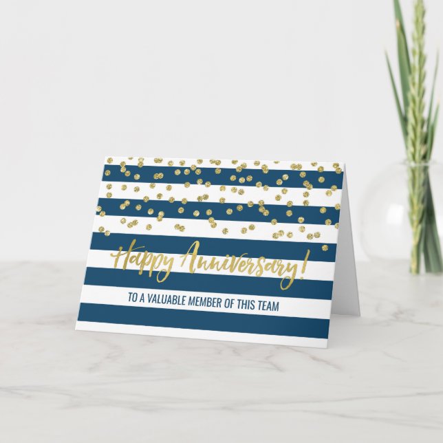 Gold Blue Stripes Employee Anniversary Card (Front)