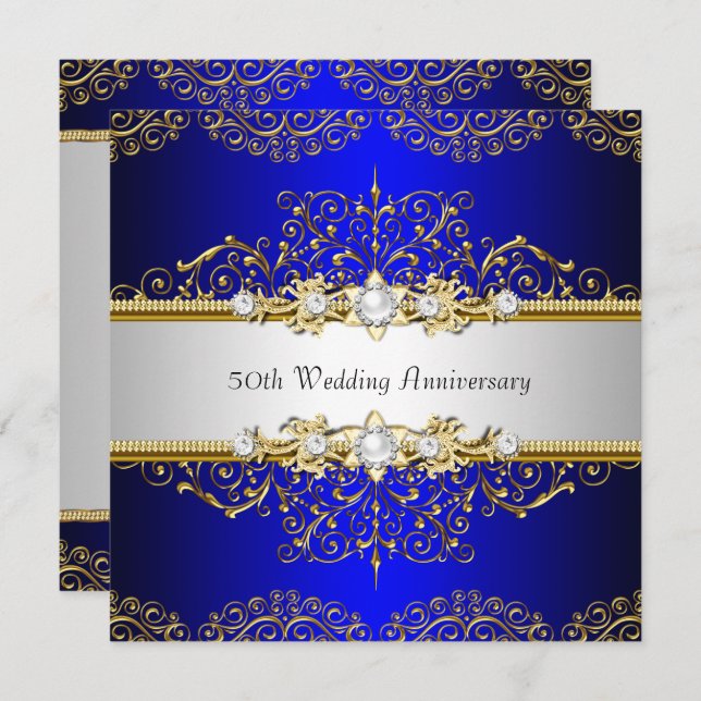 Gold Blue Swirl 50th Wedding Anniversary Invite (Front/Back)