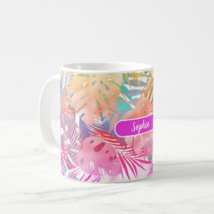 Gold Blue Teal & Pink Tropical Leaves, White Name Coffee Mug