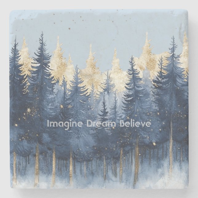 Gold Blue Trees Imagine Dream Believe   Stone Coaster (Front)