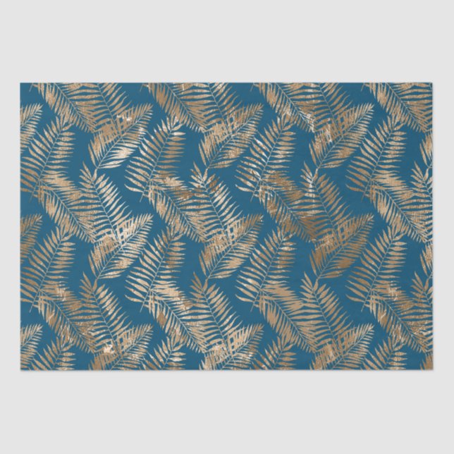Gold Blue Tropical Leaves Tissue Paper (Front)