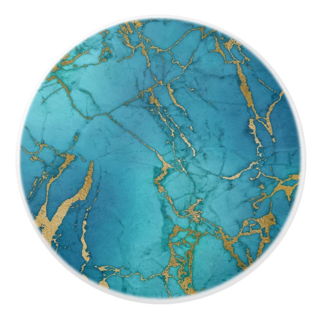 Gold Blue Turquoise Metallic Marble Trendy Ceramic Knob (Front)