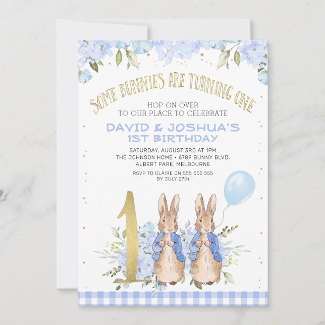 Gold Blue Twins Floral Peter Rabbit 1st Birthday Invitation (Front)