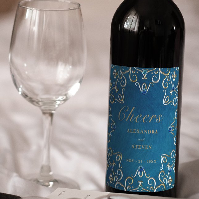 Gold Blue Velvet Classy Luxury Wedding Wine Label (Creator Uploaded)