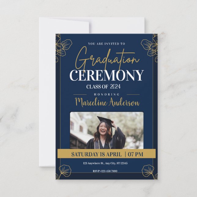 Gold Blue Vintage Classic Graduation  Invitation (Front)