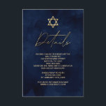 Gold Blue Watercolor Bar Mitzvah Details Enclosure Card<br><div class="desc">This modern and artsy-themed Bar Mitzvah details card is the perfect choice for your son for his special day. It features a hand-painted navy blue background. On the top of the invite is a faux printed gold star of David and custom typography. It's a unique, cool, and trendy design for...</div>