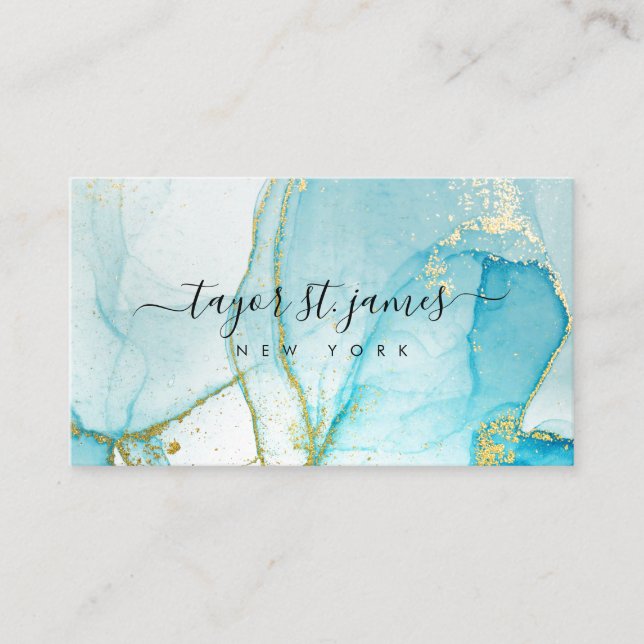 Gold Blue Watercolor Calligraphy Painting Splatter Business Card (Front)