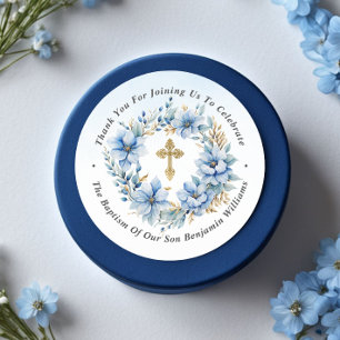 Gold & Blue Watercolor Floral Baptism Thank You Classic Round Sticker