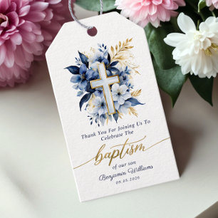 Gold & Blue Watercolor Floral Boy Baptism Gift Tags
