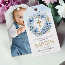Gold & Blue Watercolor Floral Photo Boy Baptism 