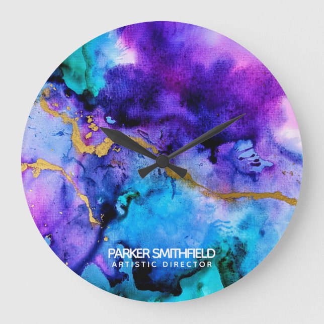 Gold Blue Watercolor Large Clock (Front)