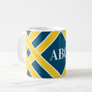 Gold/blue/white bands, stripes, customise initials coffee mug