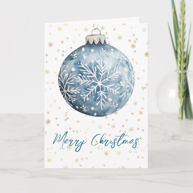 Gold Blue White Christmas Snowflakes Ornament Card (Front)