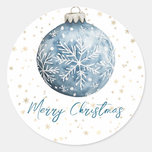Gold Blue White Christmas Snowflakes Ornament Classic Round Sticker (Front)