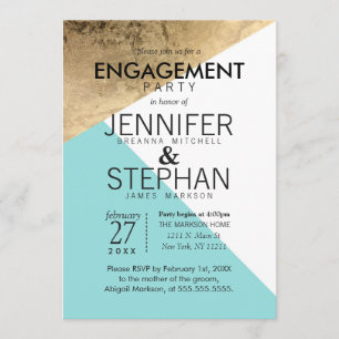 Gold Blue White Geo Triangles Engagement Party Invitation