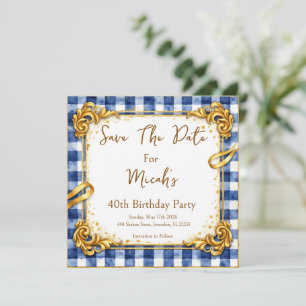 Gold Blue White Gingham Luxury Modern Trendy Chic Save The Date