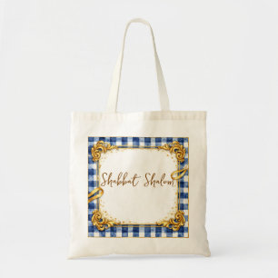 Gold Blue White Gingham Luxury Modern Trendy Chic Tote Bag