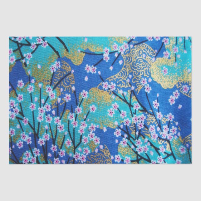 Gold Blue White Japanese Kimono Floral Decoupage Tissue Paper (Front)