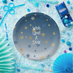 Gold Blue Wish Upon A Star Birthday Paper Plate