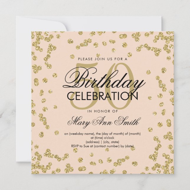 Gold Blush 50th Birthday Elegant Glitter Confetti Invitation (Front)
