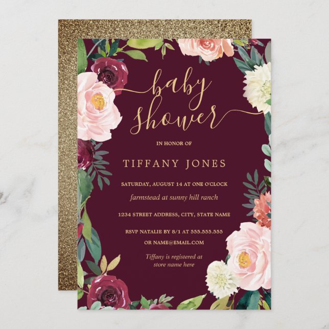 Gold Blush Burgundy Floral Baby Shower Invite (Front/Back)