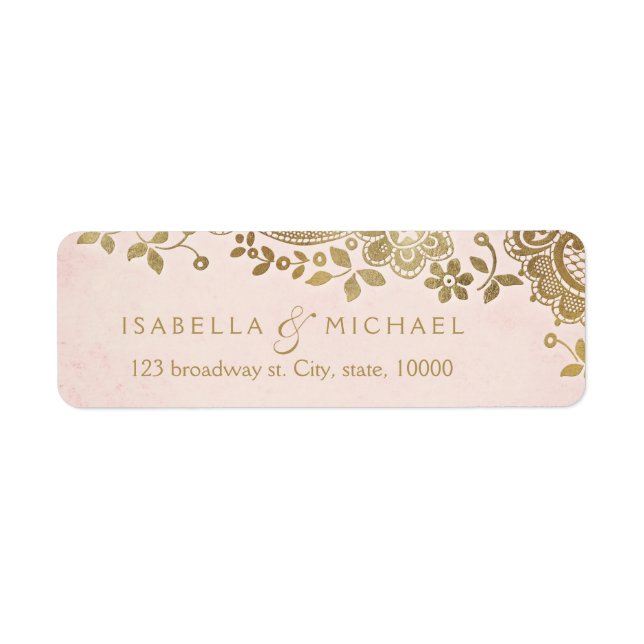 Gold blush elegant lace wedding return address label (Front)