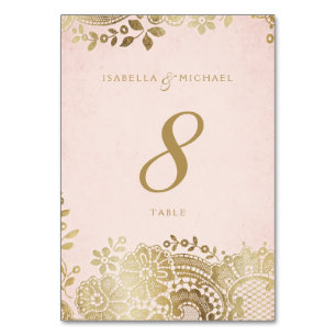 Gold blush elegant lace wedding table card